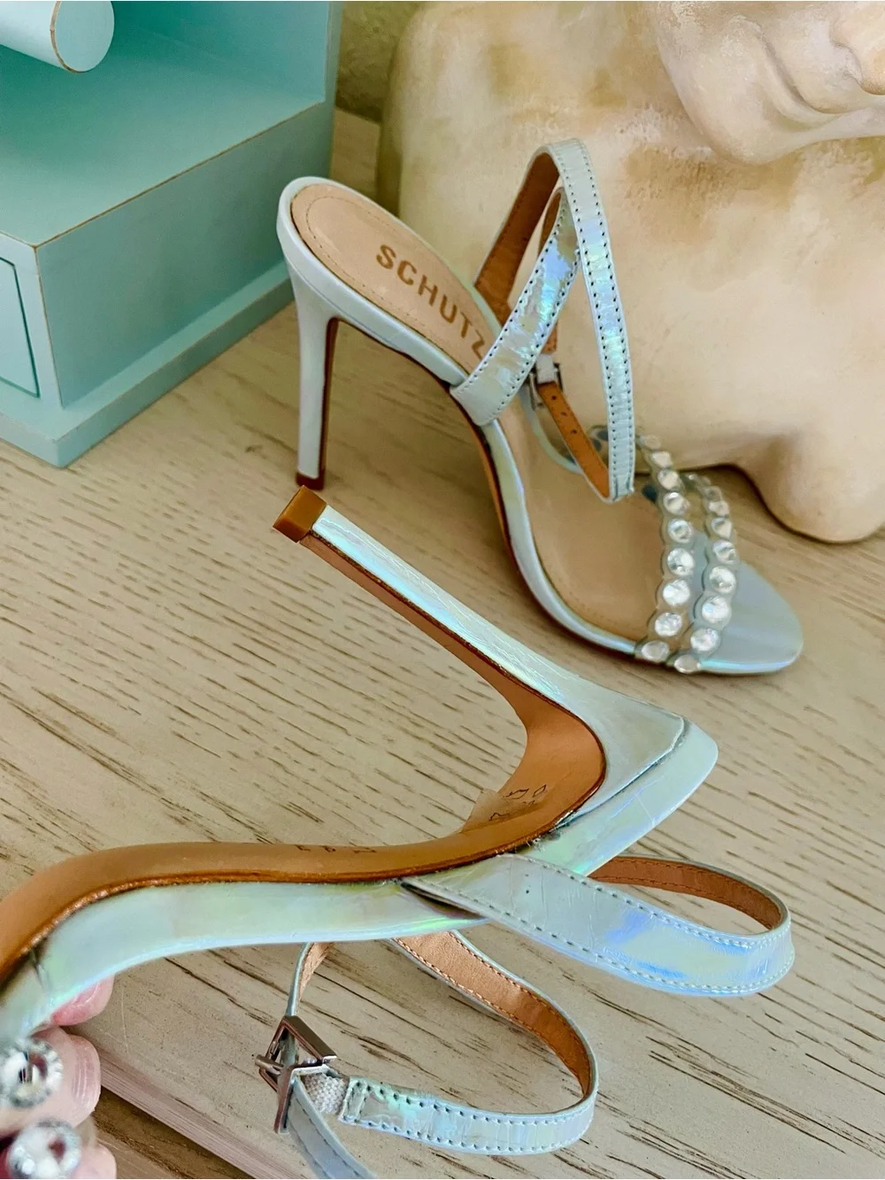 Schutz - Iridescent Crystal Strap Heeled Sandals - Light Aqua